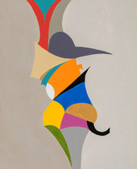 An abstract painting; sinuous shapes with a suggestion of motion and a bird like impression.