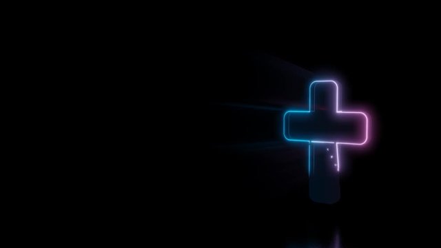 Abstract 3d rendering glowing blue purple neon symbol of catholic cross with glowing outlines with rays on black background with reflection