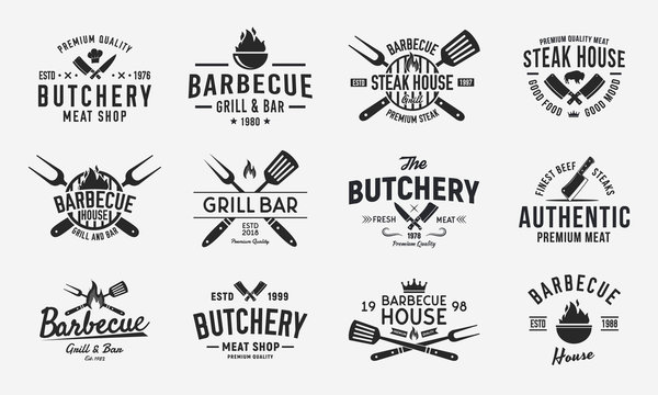 Vintage logo set for Meat Restaurants. Hipster barbecue emblems. Restaurant labels, emblems, logo. Logo template for bbq. steakhouse, butcher, grill bar. Vector illustration