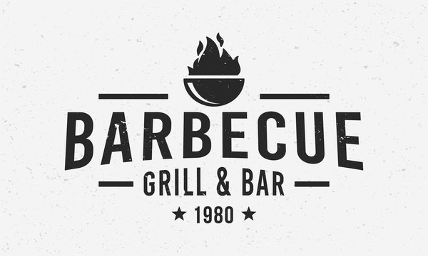 Barbecue logo and poster with grunge texture. Steak House, barbecue restaurant logo, poster. Trendy Vintage design. Vector emblem template
