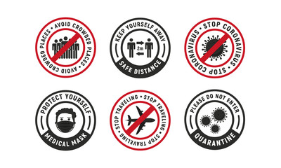 Coronavirus outbreak logos. Novel coronavirus (COVID-19). Coronavirus quarantine sticker set. Flu signs, stickers, badges and logos. Vector illustration