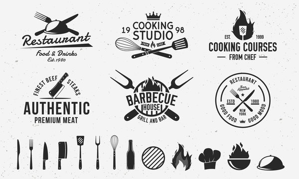 Vintage hipster logo templates and 13 design elements for restaurant business. Butchery, Barbecue, Cooking Class and Restaurant emblems templates. Fork, knife, whisk, cooking icons.Vector illustration