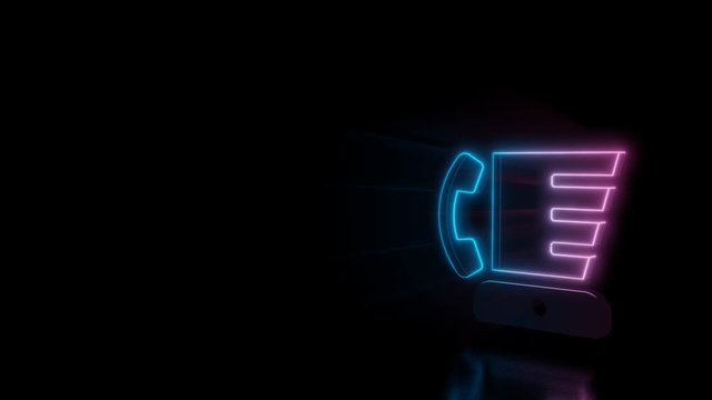 Abstract 3d rendering glowing blue purple neon symbol of blender with attached phone with glowing outlines with rays on black background with reflection