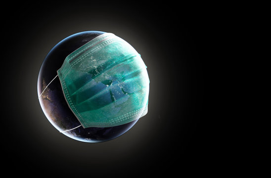 Everyone in the world need protection from Covic 19 or Corona virus pestilence concept, Earth dark side with green medical or hygienic mask on Dark background, Elements of this image furnished by NASA