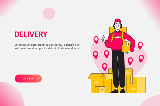 Delivery service concept, happy delivery man standing in front of boxes or packages, carrying box in other hand, vector illustration