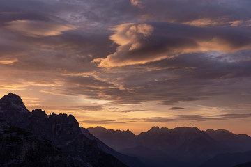 Panoramic view of the Dolomites at sunrise from the three peaks of Lavaredo