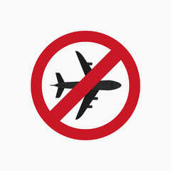 Airplane icon with prohibit sign. Flight ban icon. Airplane silhouette with stop sign isolated on white background. Simple vector flat icon of airplane.