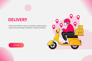 Delivery service concept, happy delivery man riding scooter or moped to deliver packages to destination in time, vector illustration