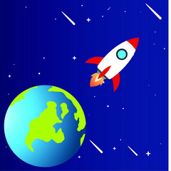 Illustration of space with earth and rocket - flat design vector