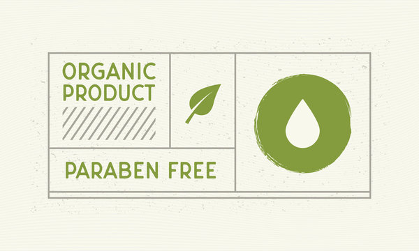 Paraben free vintage label. Minimal design of old label with water drop and leaf icon. Retro design label, tag, logo, card. Vintage sticker template for organic products, eco shops. Vector graphic