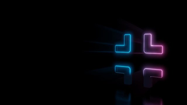 Abstract 3d rendering glowing blue purple neon symbol of compress edges with glowing outlines with rays on black background with reflection