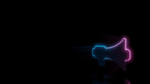 Abstract 3d rendering glowing blue purple neon symbol of megaphone with glowing outlines with rays on black background with reflection