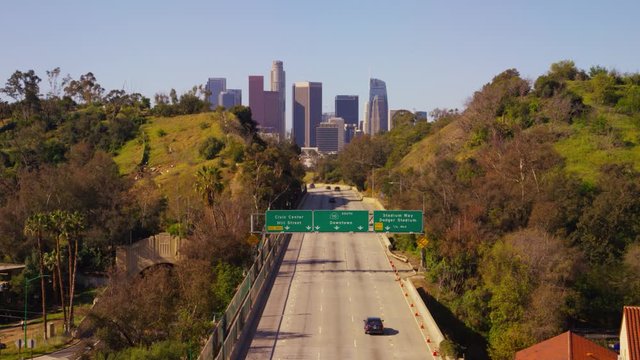 Empty Roads,  No Traffic Down Town Los Angeles Due To Corona Virus Pandemic Rush HourLos Angeles Covid 19, Clear Sky, No Smog, I10, I110, Dodger Stadium Way