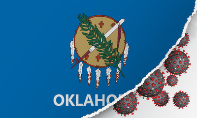 Flag of Oklahoma state with outbreak viruses deadly coronavirus COVID-19. Banner with the spread of Coronavirus against background of the national flag.USA Lockdown.Concept of quarantine.Stay at home.