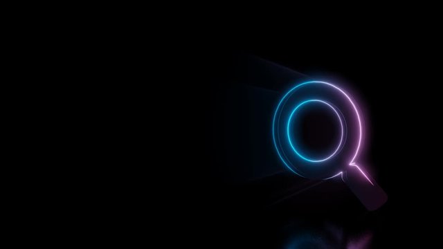 Abstract 3d rendering glowing blue purple neon symbol of magnifying glass  with glowing outlines with rays on black background with reflection