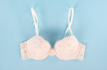 Light Pink Lace Bra with Floral Pattern on Baby Blue Background