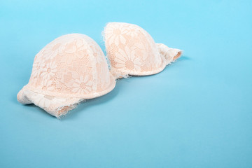 Light Pink Lace Bra with Floral Pattern on Baby Blue Background