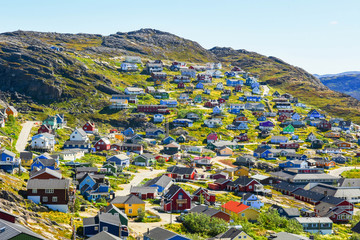 Harbour and homes in Qaqortoq, located in the Kujalleq municipality in Southern Greenland, located near Cape Thorvaldsen. © T.Terziev