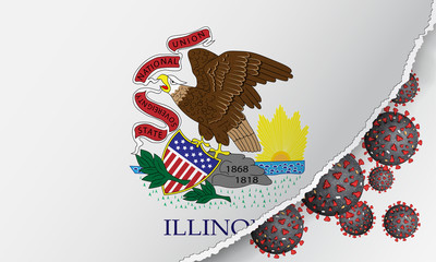 Flag of Illinois state with outbreak viruses deadly coronavirus COVID-19. Banner with the spread of Coronavirus against background of the national flag.USA Lockdown.Concept of quarantine.Stay at home.