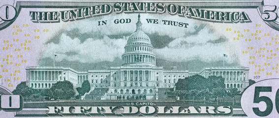 US Capitol on 50 dollars banknote back side closeup macro fragment. United states fifty dollars...