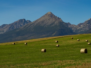 Fototapeta na wymiar Beautiful summer panorama over Spisz highland with sheaves of hay to Tatra mountains, Poland