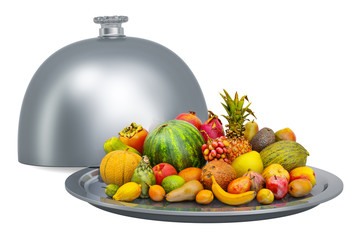 Different fruits set on restaurant cloche, 3D rendering