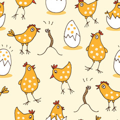 Little chicks baby pattern, seamless background with cute cartoon rooster, eggs and worms