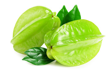 Carambola with green leaves isolated on white background