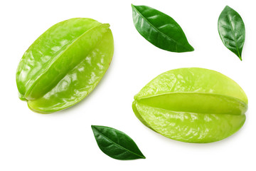 Obraz premium Carambola with green leaves isolated on white background. top view