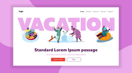 Winter vacation for kids set. Parents, children making snowman, skiing, skating, suburb street with houses. Flat vector illustrations. Family concept for banner, website design or landing web page