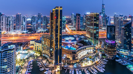 The beauty of skyline at night in Dubai Marina just from the top