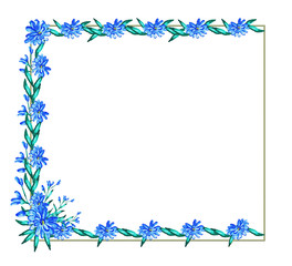 Painted frame with blue flowers and leaves. Border, background. Greeting card . Place for text.