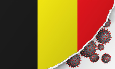 Flag of Belgium with outbreak deadly coronavirus covid-19. Banner with the spread of Coronavirus 2019-nCoV. A large bacteriums against background of the national flag.Concept of coronavirus quarantine