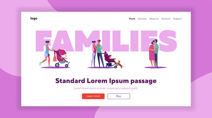 Families outside set. Parents, kids, pets walking, jogging, chatting, playground in autumn. Flat vector illustrations. Weekend, leisure concept for banner, website design or landing web page