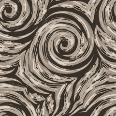 Vector seamless texture of spirals and broken lines of beige color on a brown background. Imitation of watercolor. Brush strokes. Fibonacci spiral. Swirl or flow.