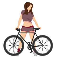 Athletic, slim girl in a short T-shirt and short shorts who stands behind, near a bicycle isolated on a white background. Vector illustration