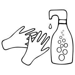 Washing hands with liquid soap. Soap is dripping from the container. Vector illustration. Sketch. Contour on an isolated background. Coloring book. Disinfection of the palms. 