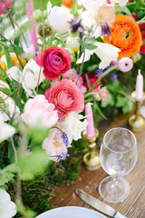 Obraz na płótnie Canvas Wedding flowers, bridal decor closeup. Decoration made of peonies, roses and decorative plants