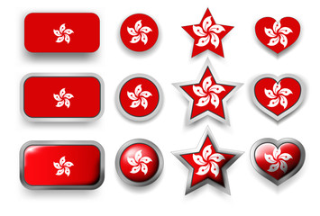 Set of vector labels of Hong Kong flag button, round button, star and heart sign of love in flag colors red, white for poster or flyer