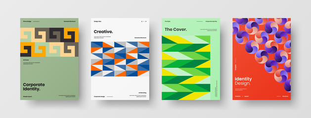 Fototapeta premium Company identity brochure template collection. Business presentation vector A4 vertical orientation front page mock up set. Corporate report cover abstract geometric illustration design layout bundle.