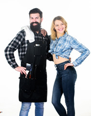 Man bearded hipster and girl ready for barbecue white background. Backyard barbecue party. Family bbq ideas. Delicious grilled recipes. Couple in love getting ready for barbecue. Picnic and barbecue