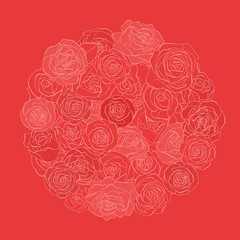 The red rose flowers are arranged in a circle. White outline on a red background. Vector illustration.
