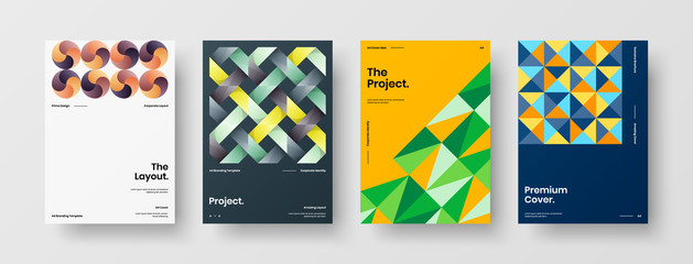 Fototapeta premium Company identity brochure template collection. Business presentation vector A4 vertical orientation front page mock up set. Corporate report cover abstract geometric illustration design layout bundle.