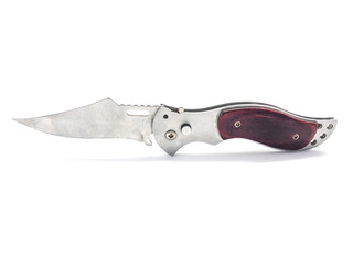 Folding knife Isolated on a white background. Metal multifunctional knife. Weapons.