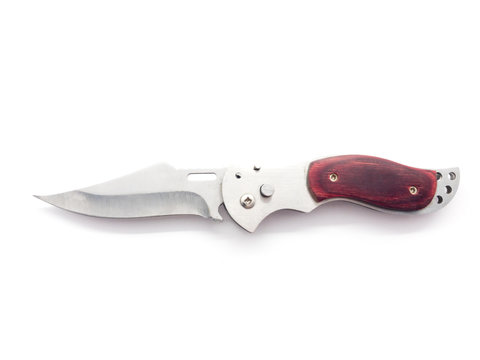 Folding knife Isolated on a white background. Metal multifunctional knife. Weapons.