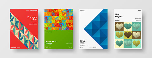 Fototapeta premium Company identity brochure template collection. Business presentation vector A4 vertical orientation front page mock up set. Corporate report cover abstract geometric illustration design layout bundle.