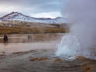 Beautiful landscape of geysers of El Tatio in winter and snowy.