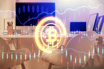 Double exposure of crypto technology theme drawing and office interior background. Concept of...