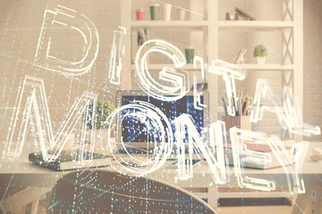 Double exposure of crypto technology theme drawing and office interior background. Concept of blockchain.