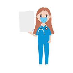 cartoon doctor woman with mouthmask and board icon, flat style